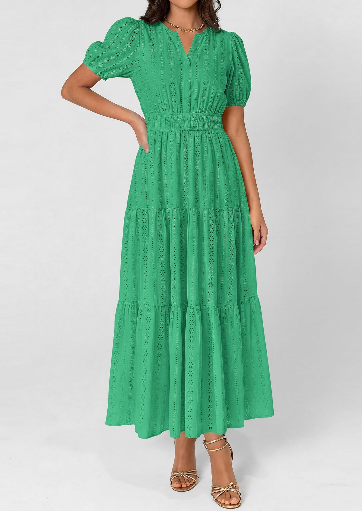 Eyelet Smocked Flowy Maxi Dress - Puff Sleeve, V-Neck, Casual - photo 29
