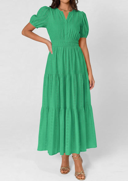Eyelet Smocked Flowy Maxi Dress - Puff Sleeve, V-Neck, Casual - photo 29