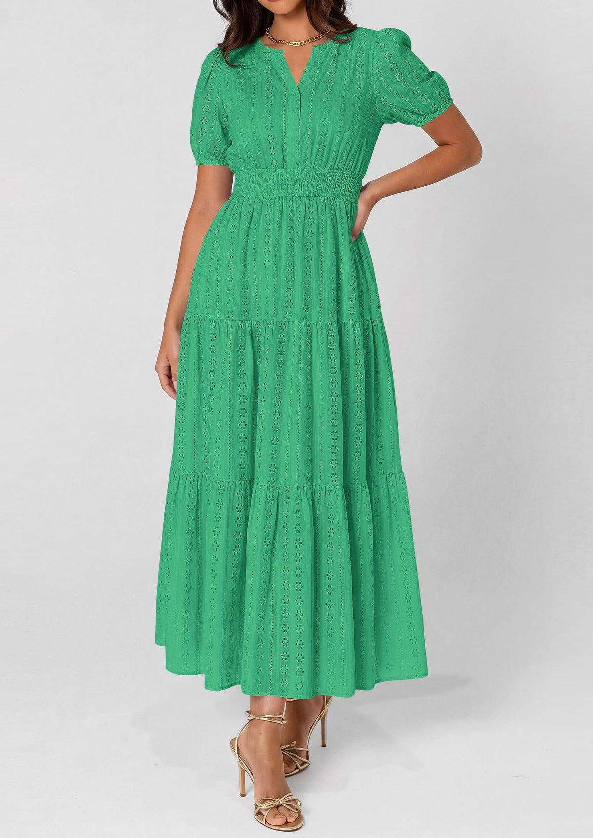 Eyelet Smocked Flowy Maxi Dress - Puff Sleeve, V-Neck, Casual - photo 31