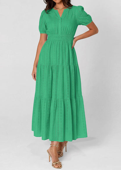 Eyelet Smocked Flowy Maxi Dress - Puff Sleeve, V-Neck, Casual - photo 31