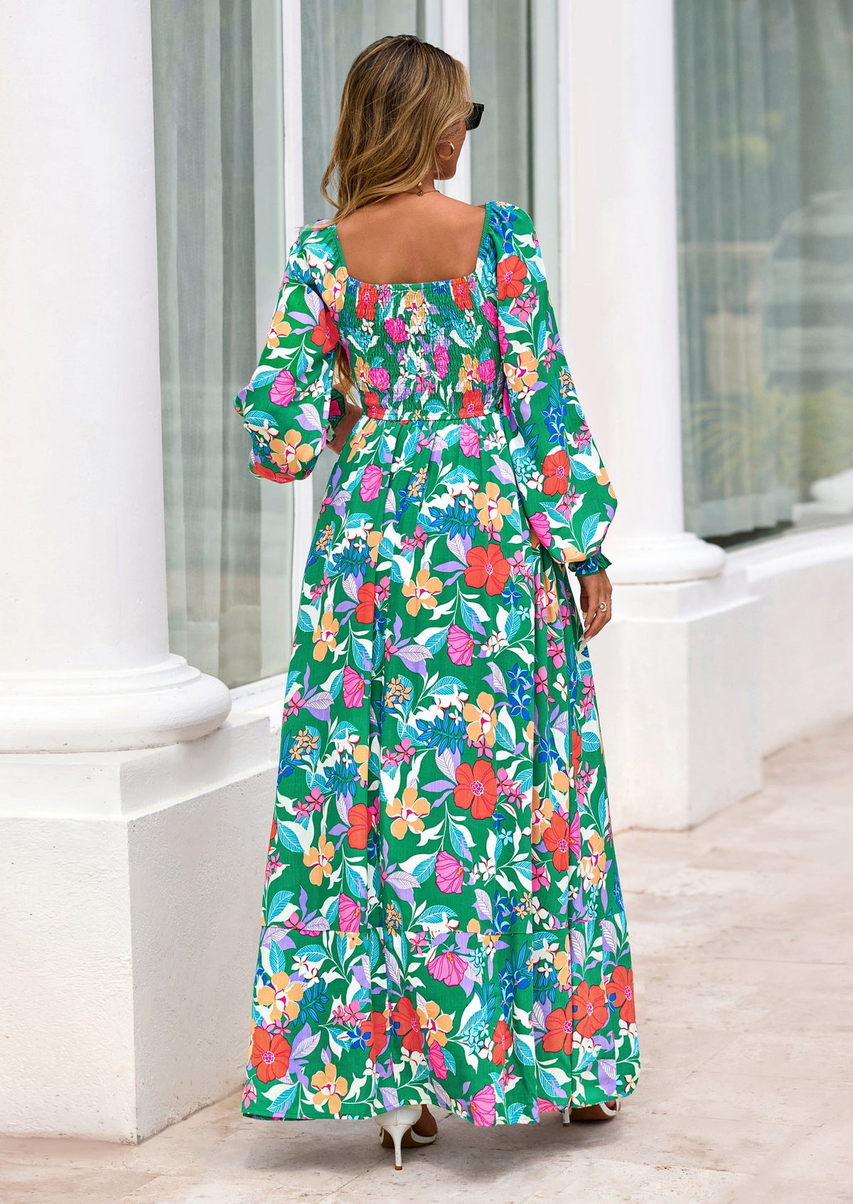 Floral A-Line Flowy Maxi Dress - Long Sleeve, Square Neck, photo 14