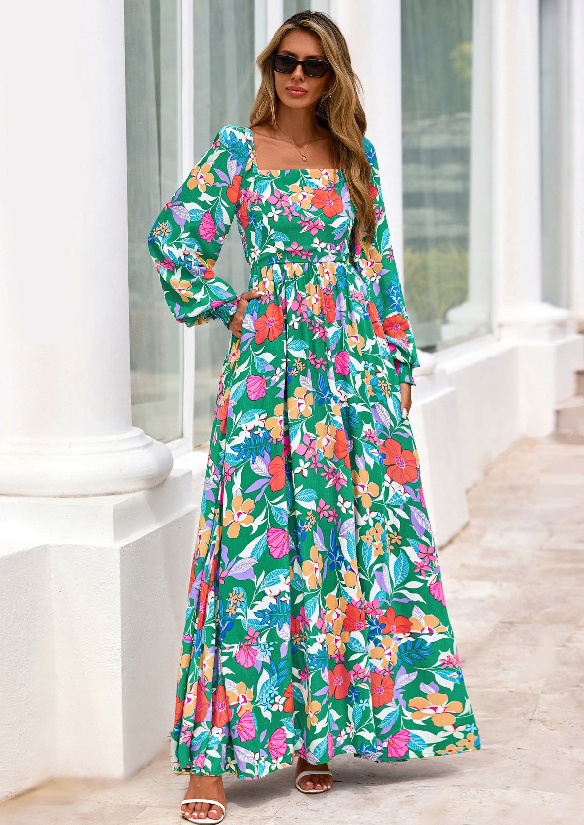 Floral A-Line Flowy Maxi Dress - Long Sleeve, Square Neck, photo 16