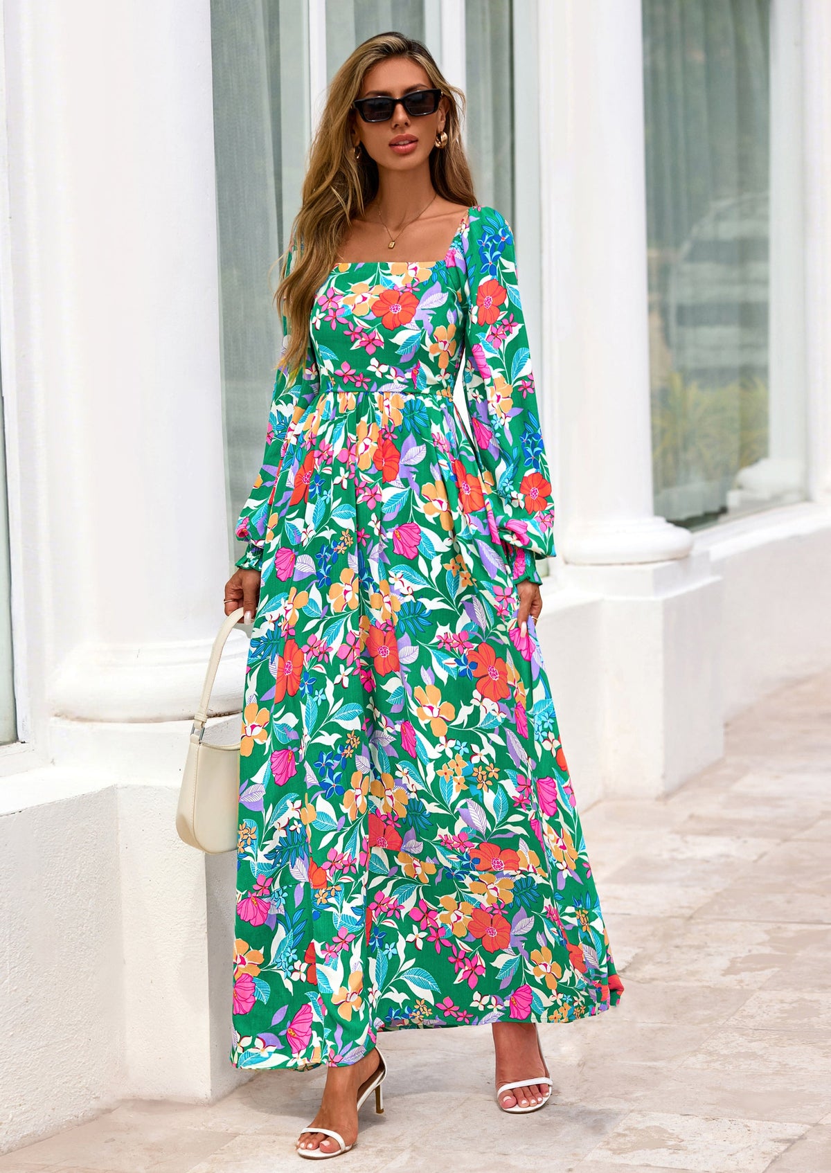 Floral A-Line Flowy Maxi Dress - Long Sleeve, Square Neck, photo 17