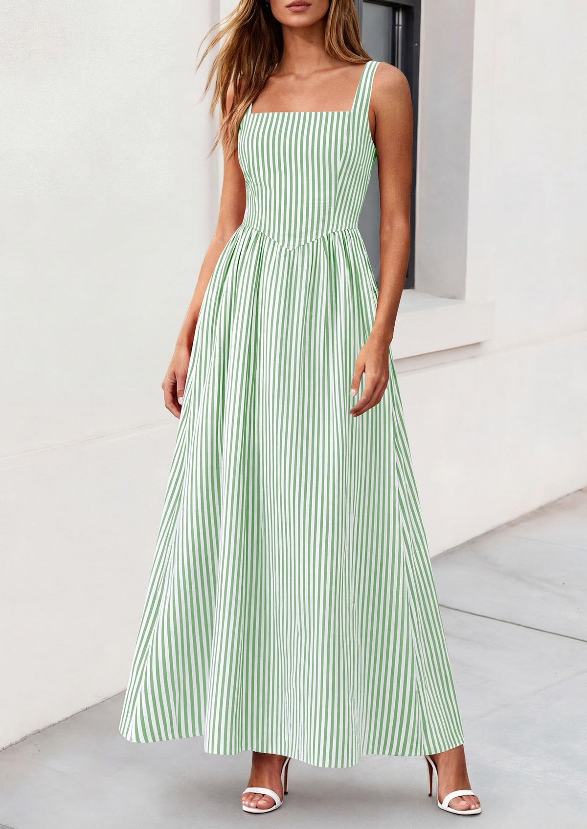 Striped Smocked A-Line Maxi Dress - Sleeveless, Square Neck, photo 14