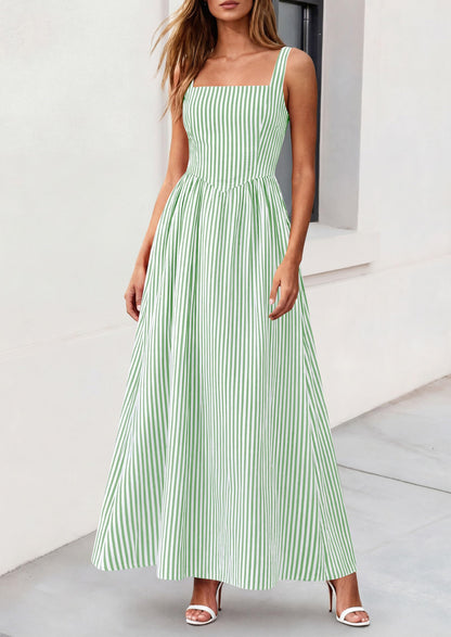 Striped Smocked A-Line Maxi Dress - Sleeveless, Square Neck, photo 14