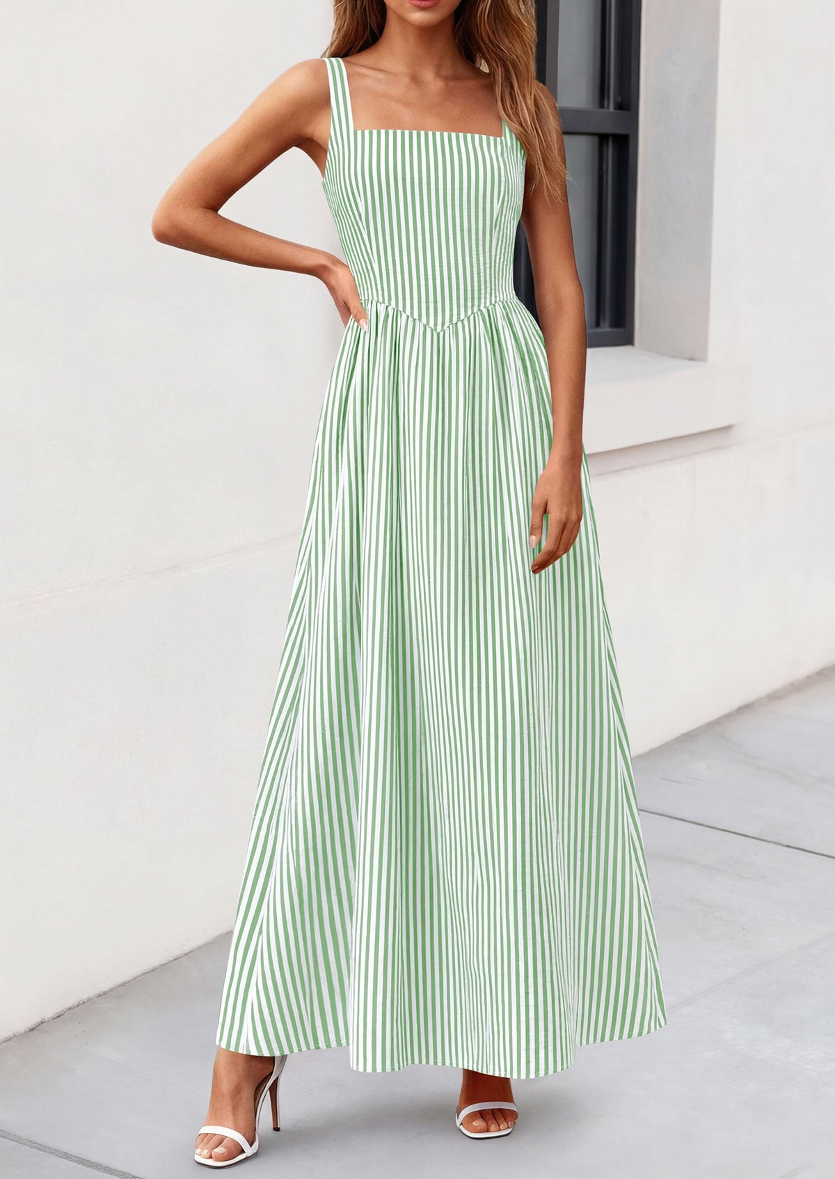 Striped Smocked A-Line Maxi Dress - Sleeveless, Square Neck, photo 13