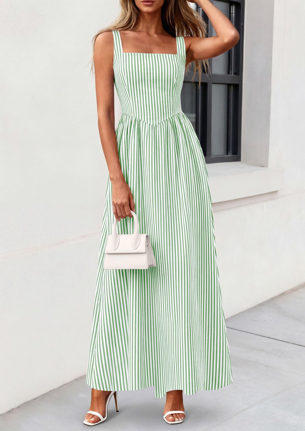 Striped Smocked A-Line Maxi Dress - Sleeveless, Square Neck, photo 16