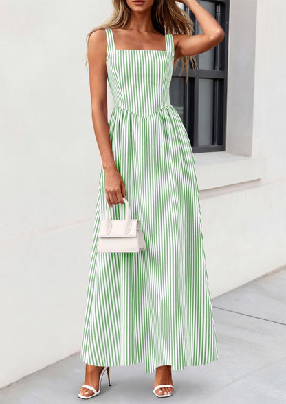 Striped Smocked A-Line Maxi Dress - Sleeveless, Square Neck, photo 16