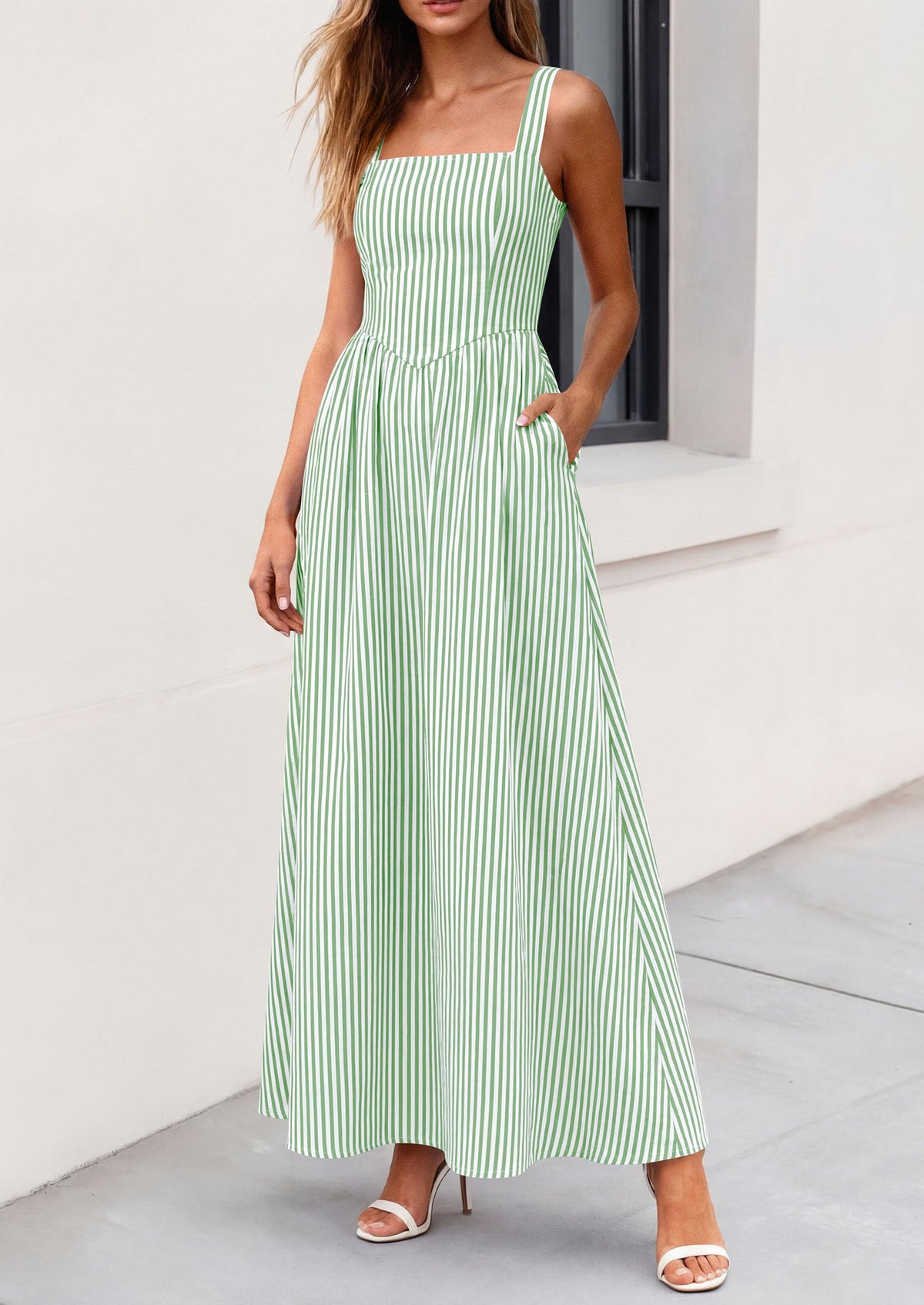Striped Smocked A-Line Maxi Dress - Sleeveless, Square Neck, photo 17