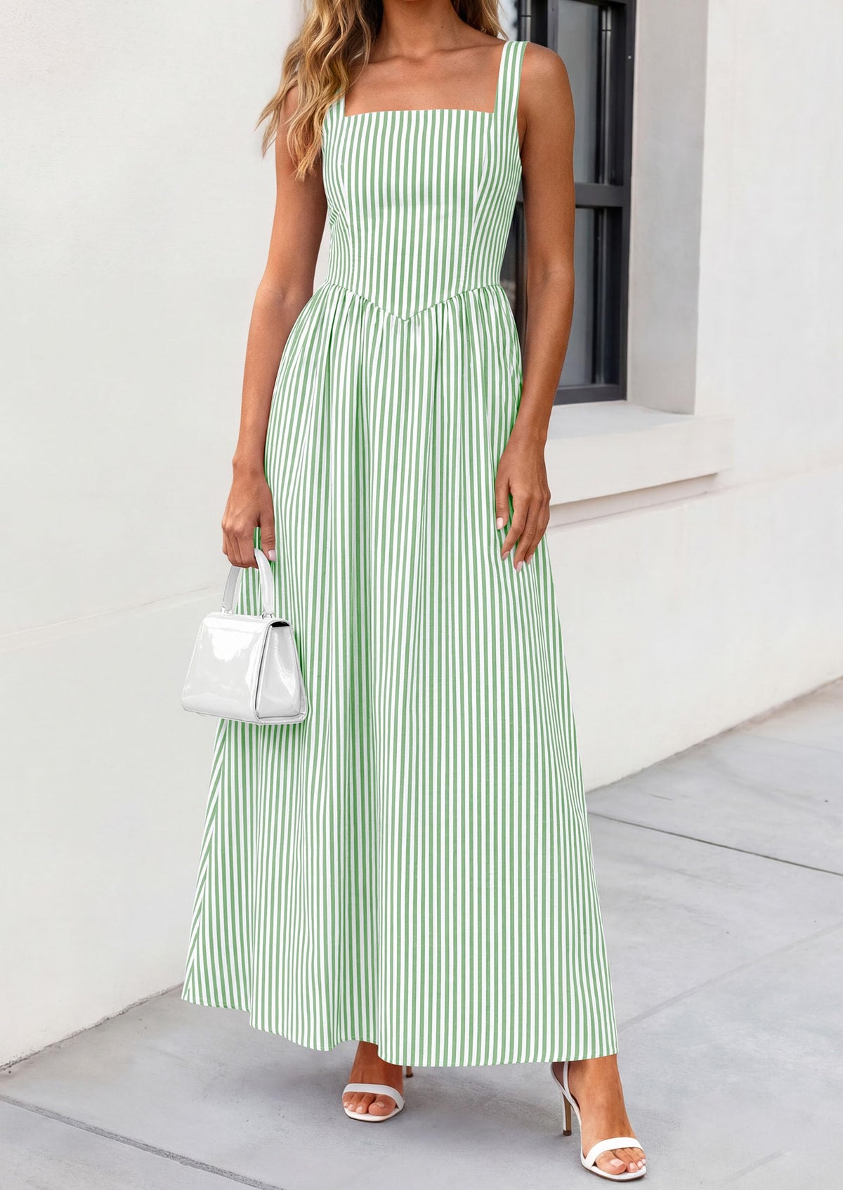 Striped Smocked A-Line Maxi Dress - Sleeveless, Square Neck, photo 15
