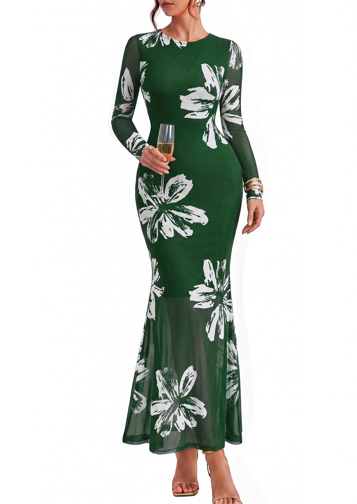 Floral Mesh Bodycon Maxi Dress - Long Sleeve, Crewneck, Photo 6
