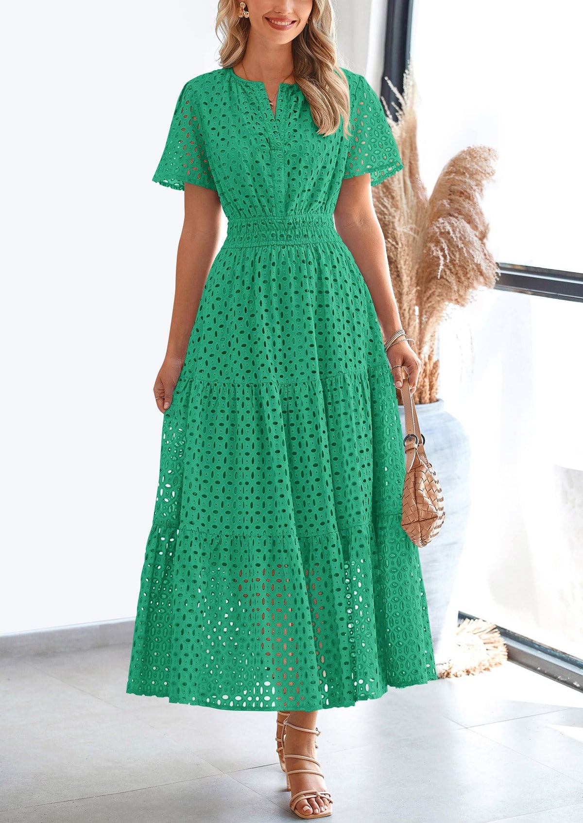 Eyelet A-Line Flowy Maxi Dress - Short Sleeve, V-Neck, Beach - photo 25