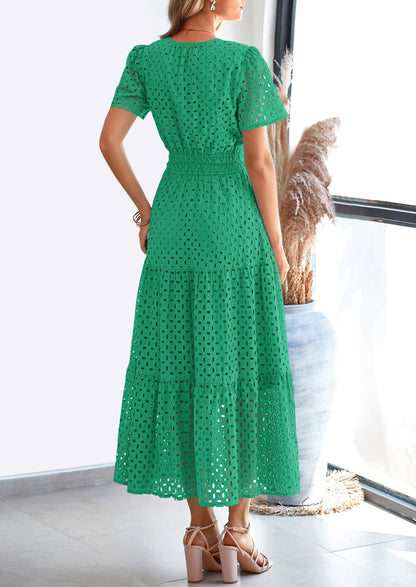 Eyelet A-Line Flowy Maxi Dress - Short Sleeve, V-Neck, Beach - photo 27