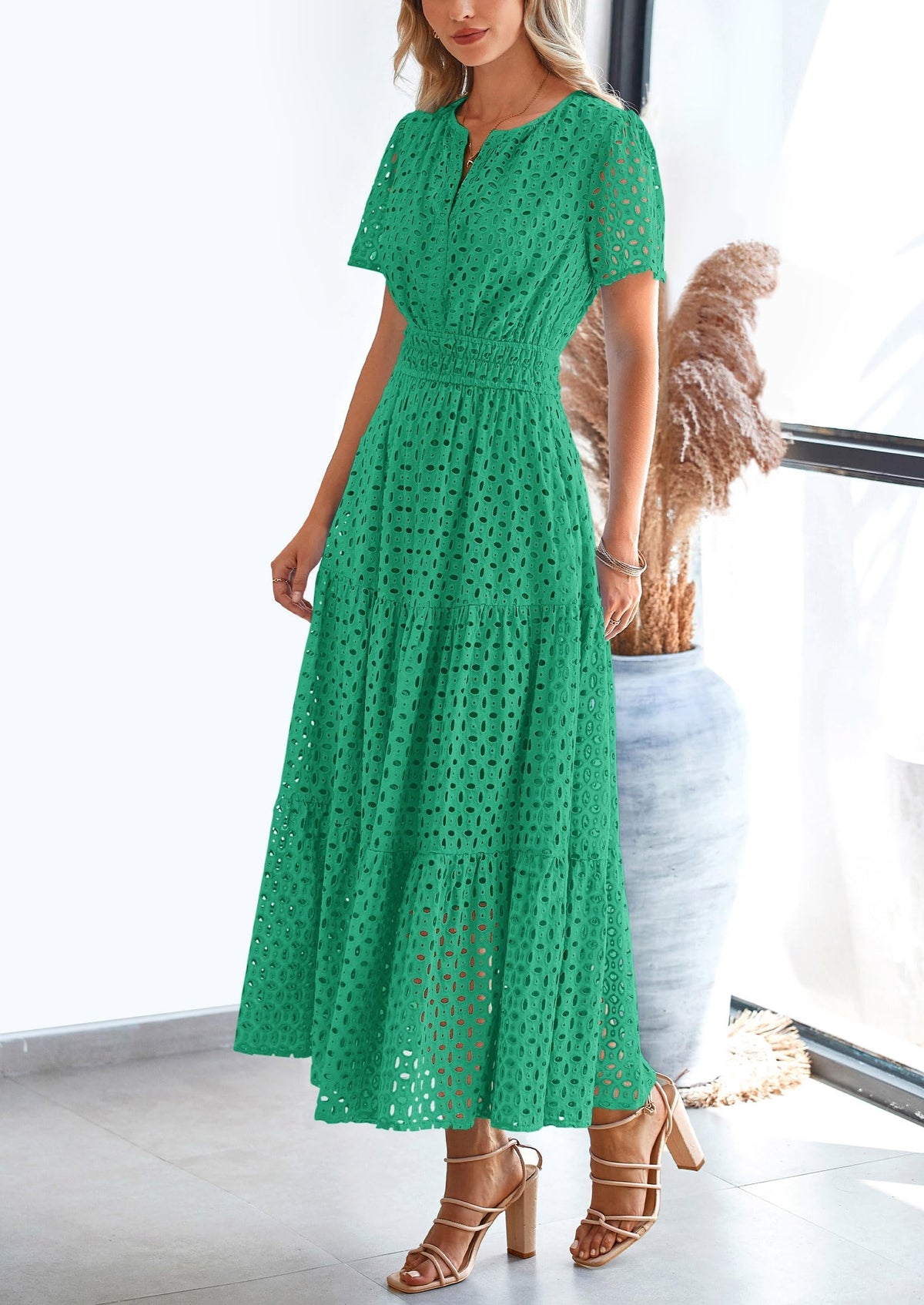 Eyelet A-Line Flowy Maxi Dress - Short Sleeve, V-Neck, Beach - photo 30
