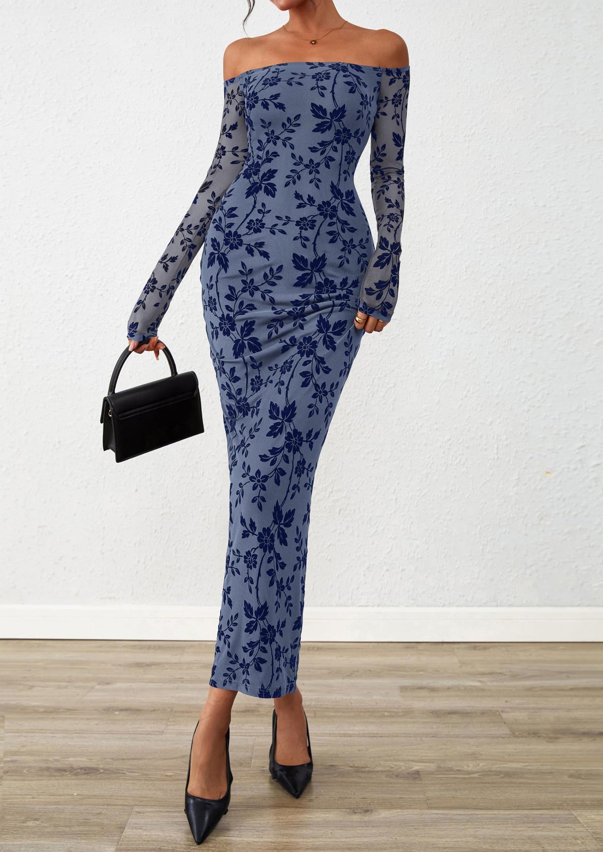 Brown Floral Mesh Bodycon Maxi Dress - Off-Shoulder, Formal - photo 29
