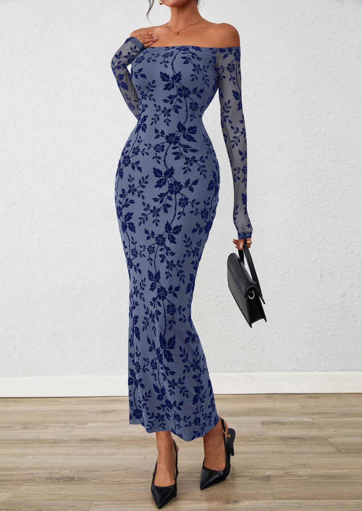 Brown Floral Mesh Bodycon Maxi Dress - Off-Shoulder, Formal - photo 30