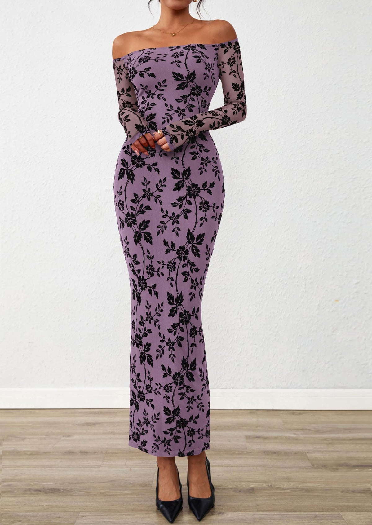 Brown Floral Mesh Bodycon Maxi Dress - Off-Shoulder, Formal - photo 33