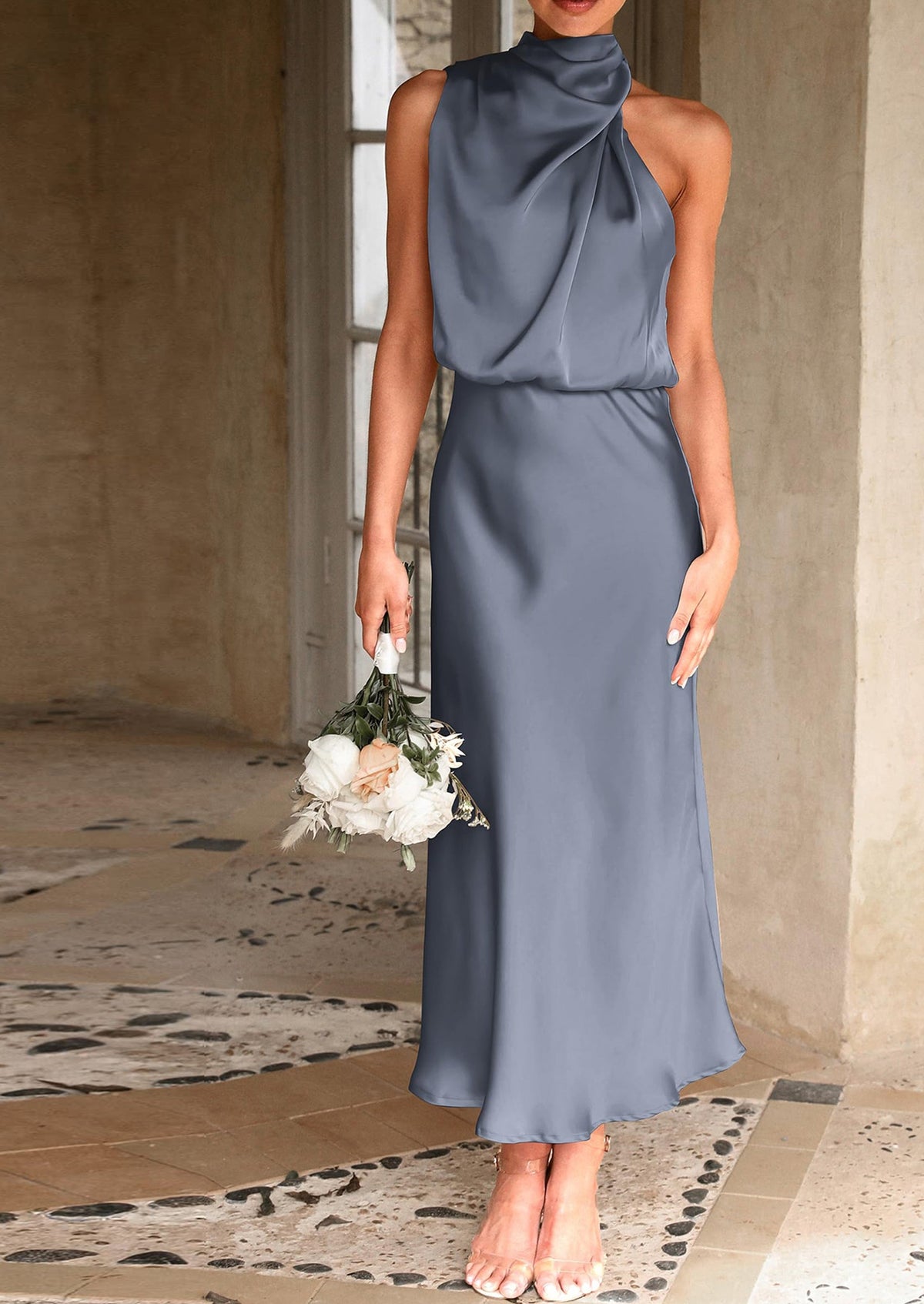 Satin Maxi Dress - Sleeveless, Mock Neck, Cocktail - photo 81