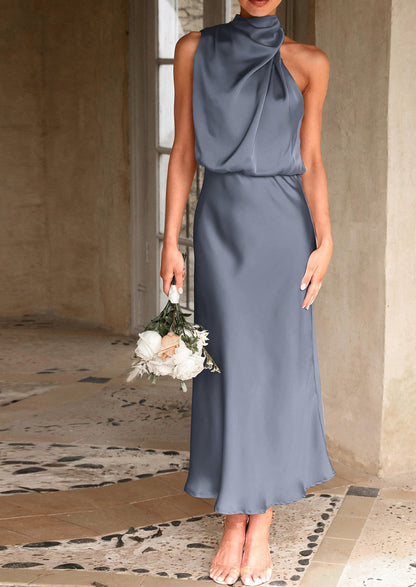 Satin Maxi Dress - Sleeveless, Mock Neck, Cocktail - photo 81