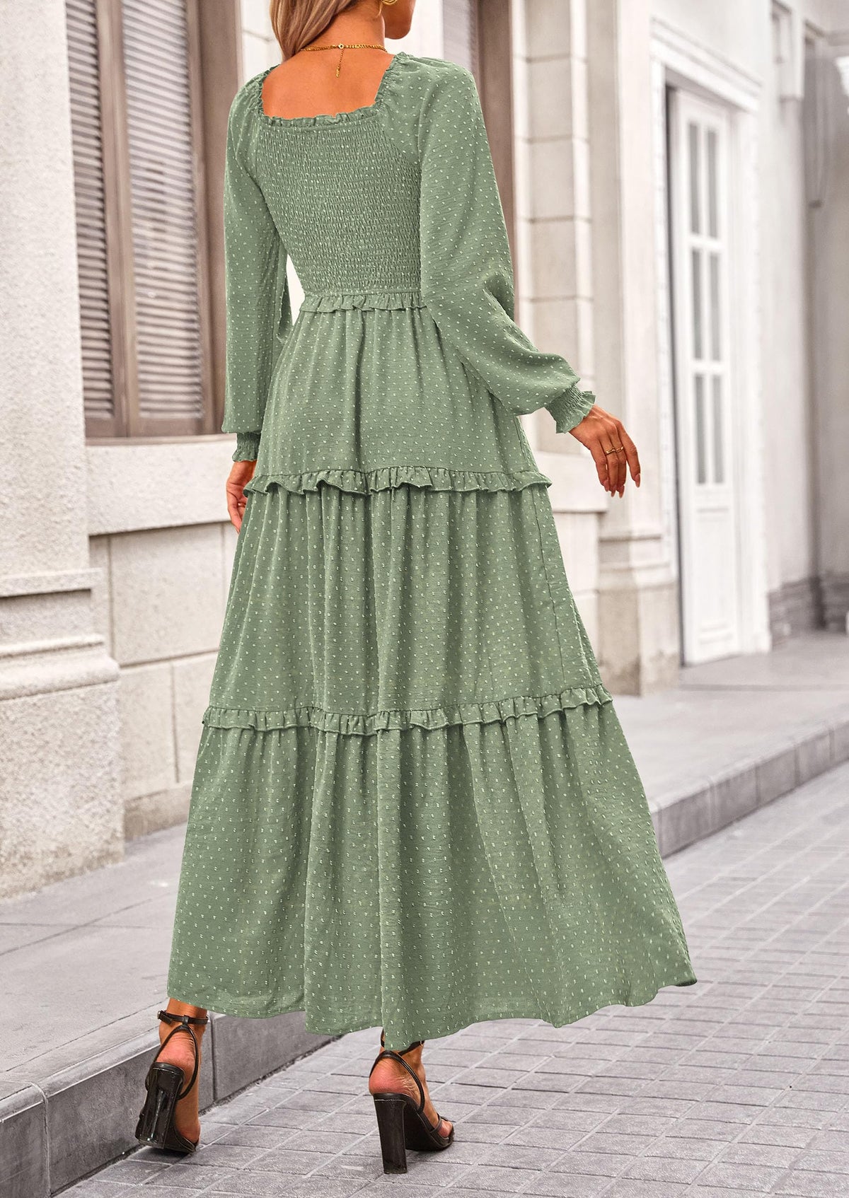 Beige Swiss Dot Smocked Tiered Maxi Dress - Long Sleeve, photo 102