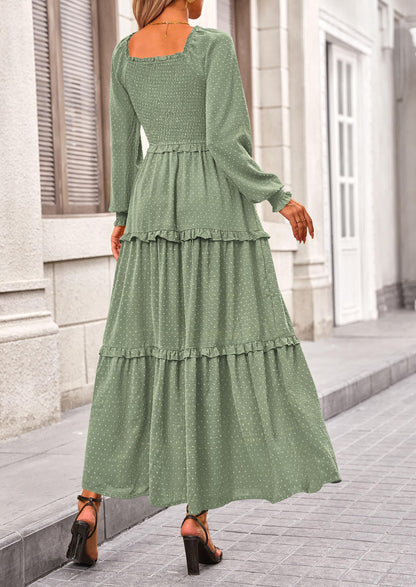 Beige Swiss Dot Smocked Tiered Maxi Dress - Long Sleeve, photo 102