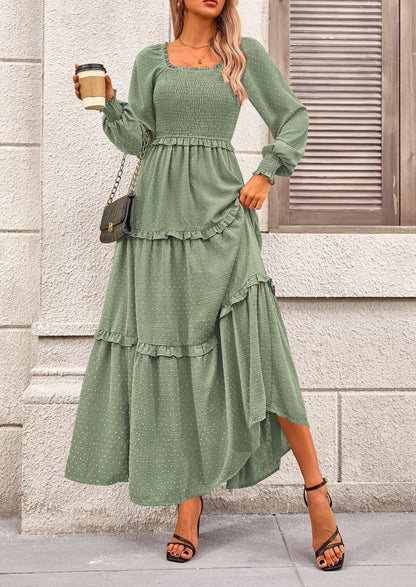 Beige Swiss Dot Smocked Tiered Maxi Dress - Long Sleeve, photo 101