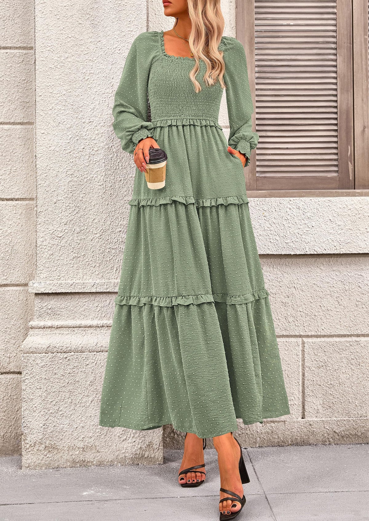 Beige Swiss Dot Smocked Tiered Maxi Dress - Long Sleeve, photo 103
