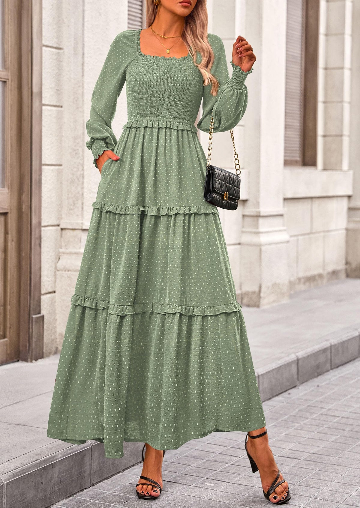 Beige Swiss Dot Smocked Tiered Maxi Dress - Long Sleeve, photo 105