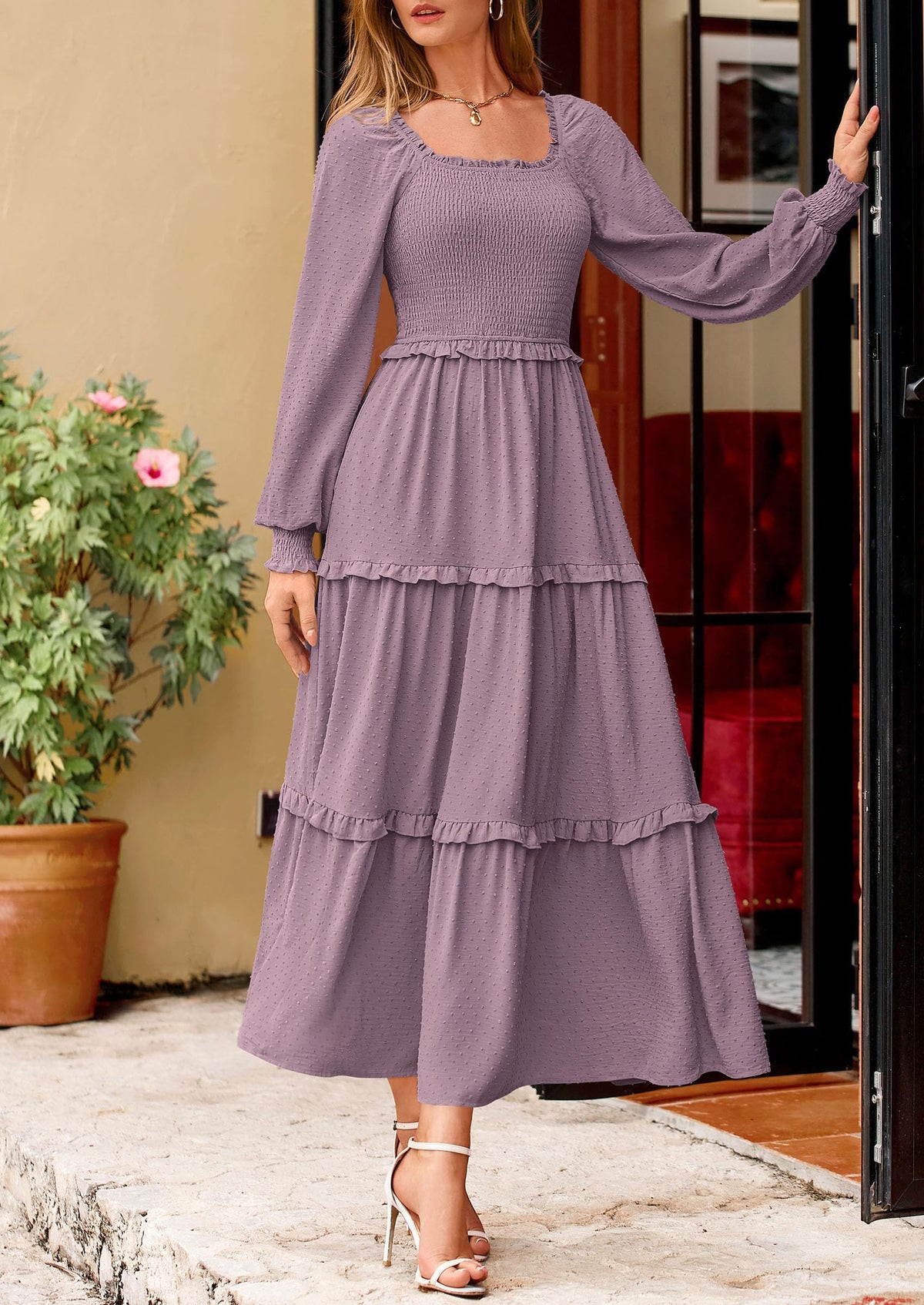 Beige Swiss Dot Smocked Tiered Maxi Dress - Long Sleeve, photo 108