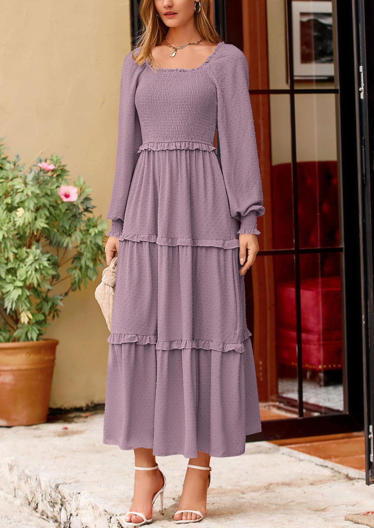 Beige Swiss Dot Smocked Tiered Maxi Dress - Long Sleeve, photo 109