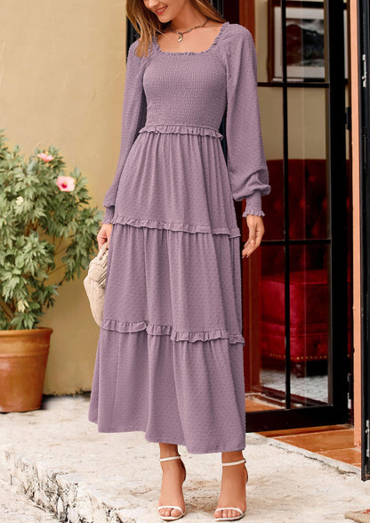 Beige Swiss Dot Smocked Tiered Maxi Dress - Long Sleeve, photo 111