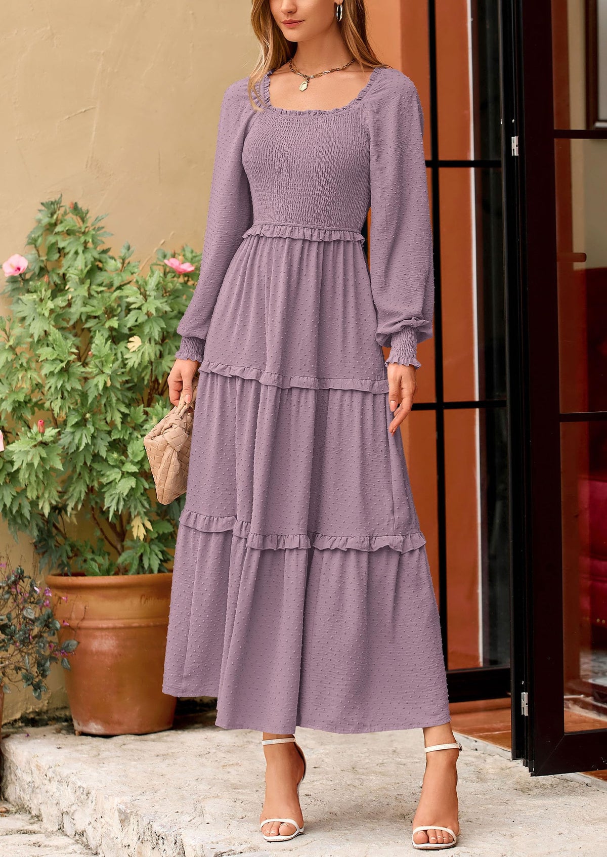 Beige Swiss Dot Smocked Tiered Maxi Dress - Long Sleeve, photo 112