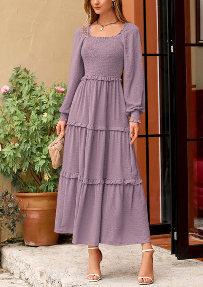Beige Swiss Dot Smocked Tiered Maxi Dress - Long Sleeve, photo 112