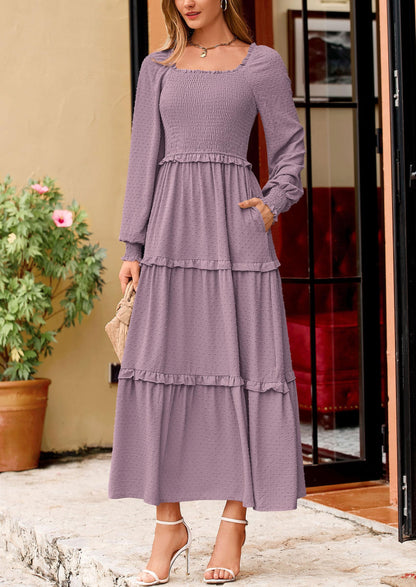 Beige Swiss Dot Smocked Tiered Maxi Dress - Long Sleeve, photo 113