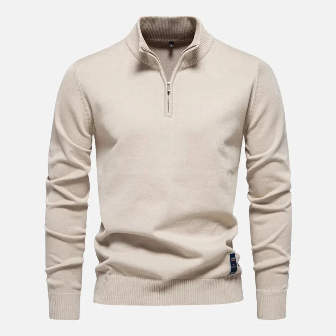 Navy fitted quarter-zip sweater with tailored silhouette and premium soft knit fabric