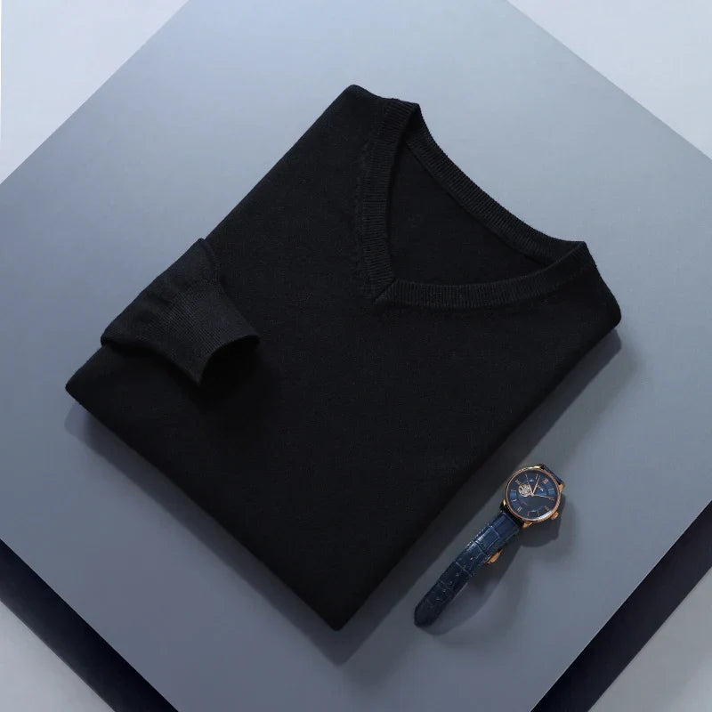 Charcoal wool blend V-neck sweater with refined business casual cut and breathable premium fabric