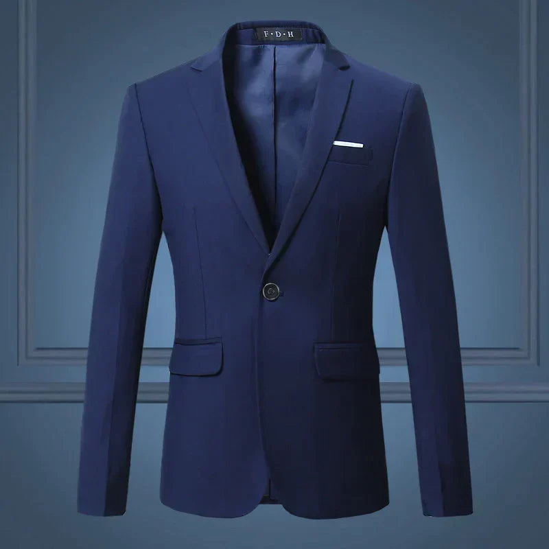 Men's navy tailored fit single-button blazer with notch lapel, slim silhouette for smart casual elegance