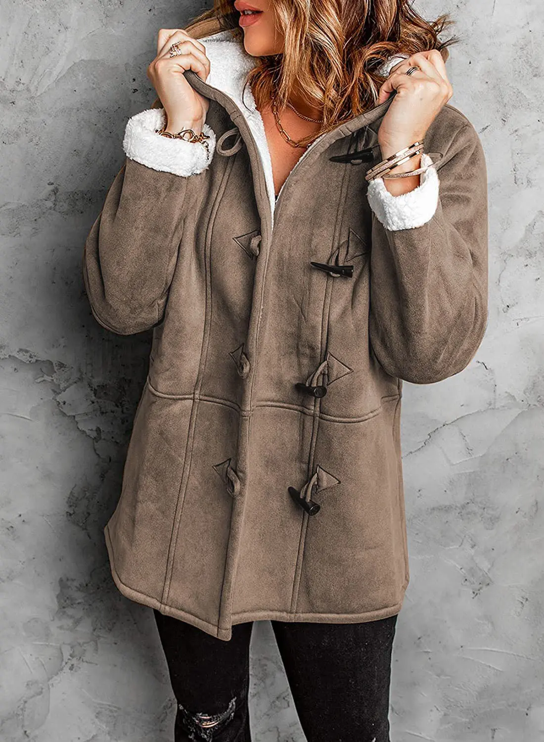 Women's hooded toggle winter coat cozy fleece-lined relaxed silhouette with classic toggle closure