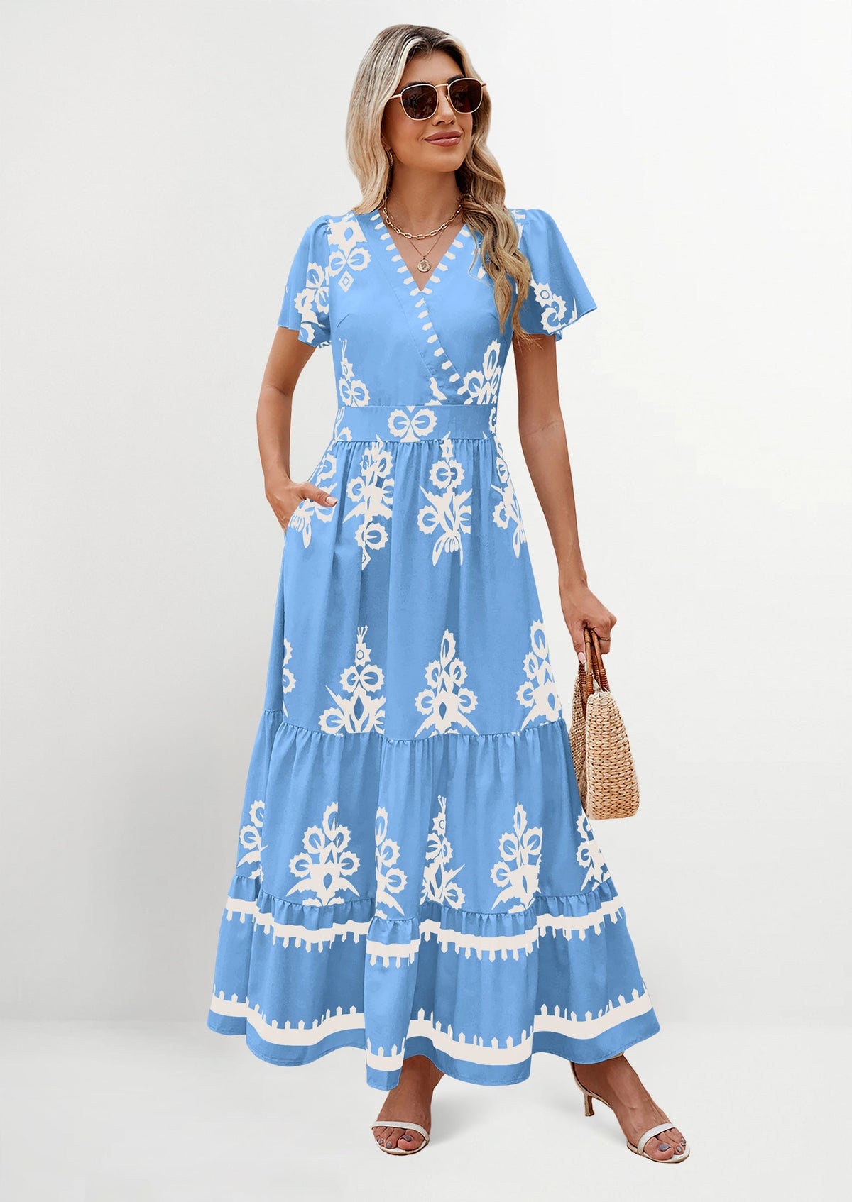 Floral Flowy Tiered Maxi Dress - Bell Sleeve, V-Neck, Casual - photo 1
