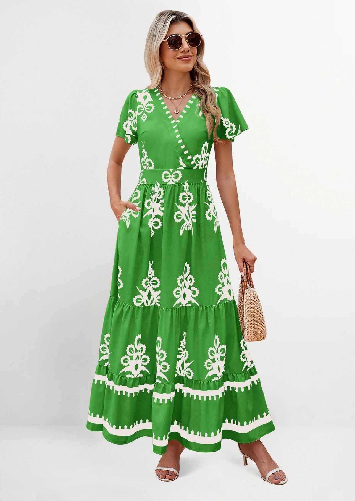 Floral Flowy Tiered Maxi Dress - Bell Sleeve, V-Neck, Casual - photo 7