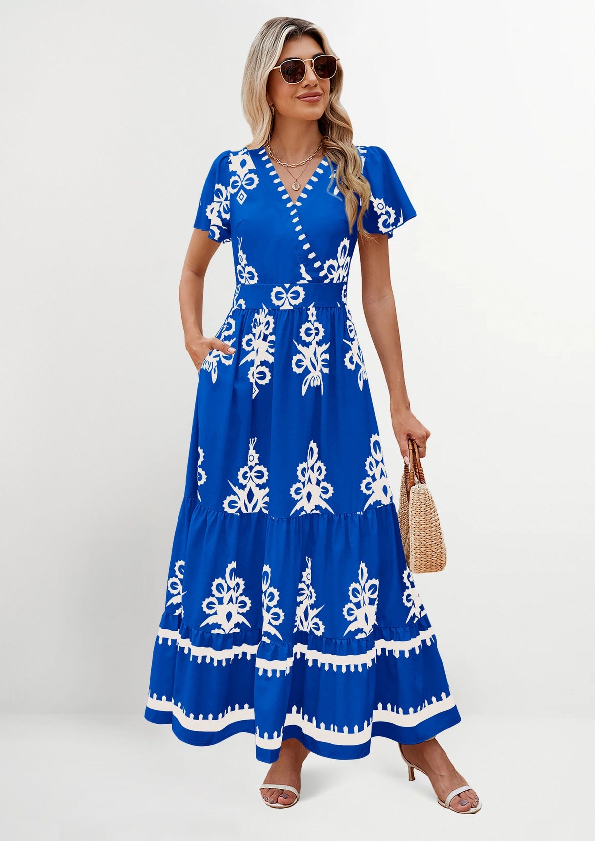 Floral Flowy Tiered Maxi Dress - Bell Sleeve, V-Neck, Casual - photo 26