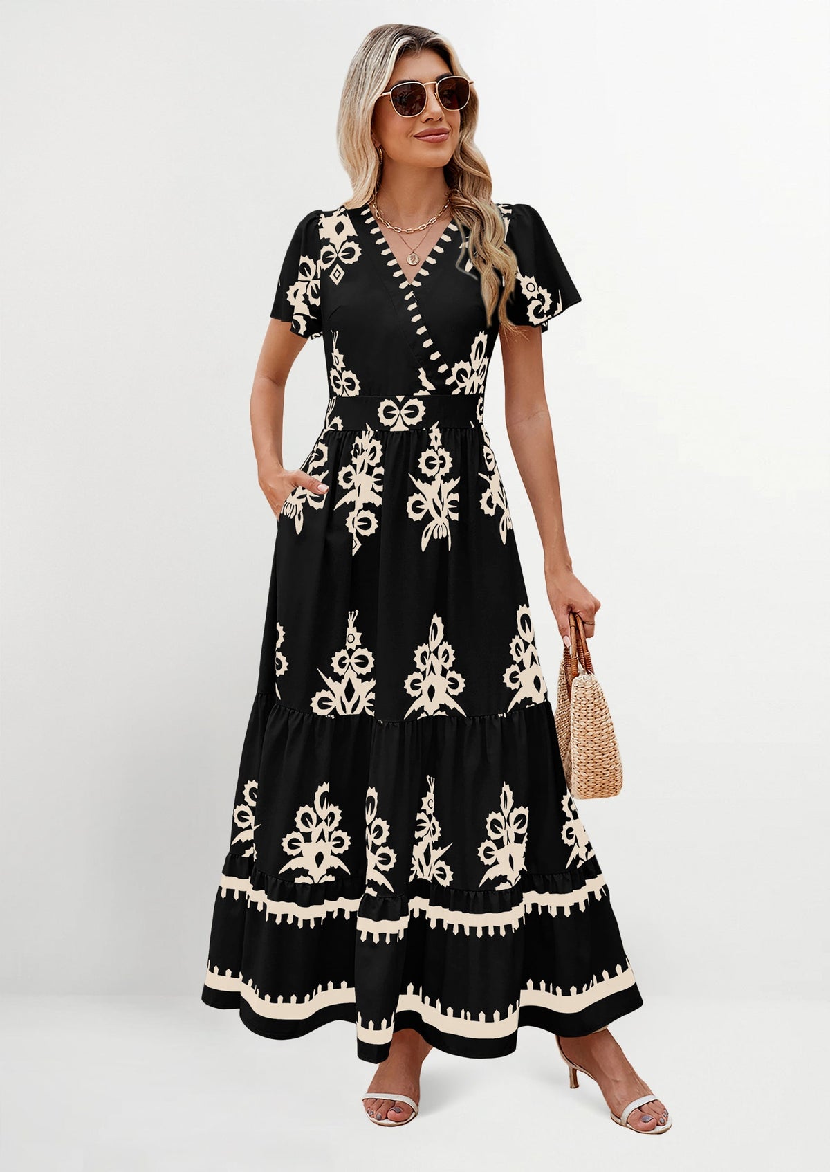 Floral Flowy Tiered Maxi Dress - Bell Sleeve, V-Neck, Casual - photo 20