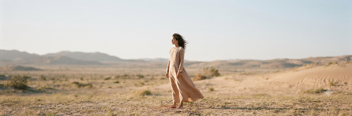 A woman in a flowing beige dress walks barefoot across a sandy desert landscape under a clear blue sky.