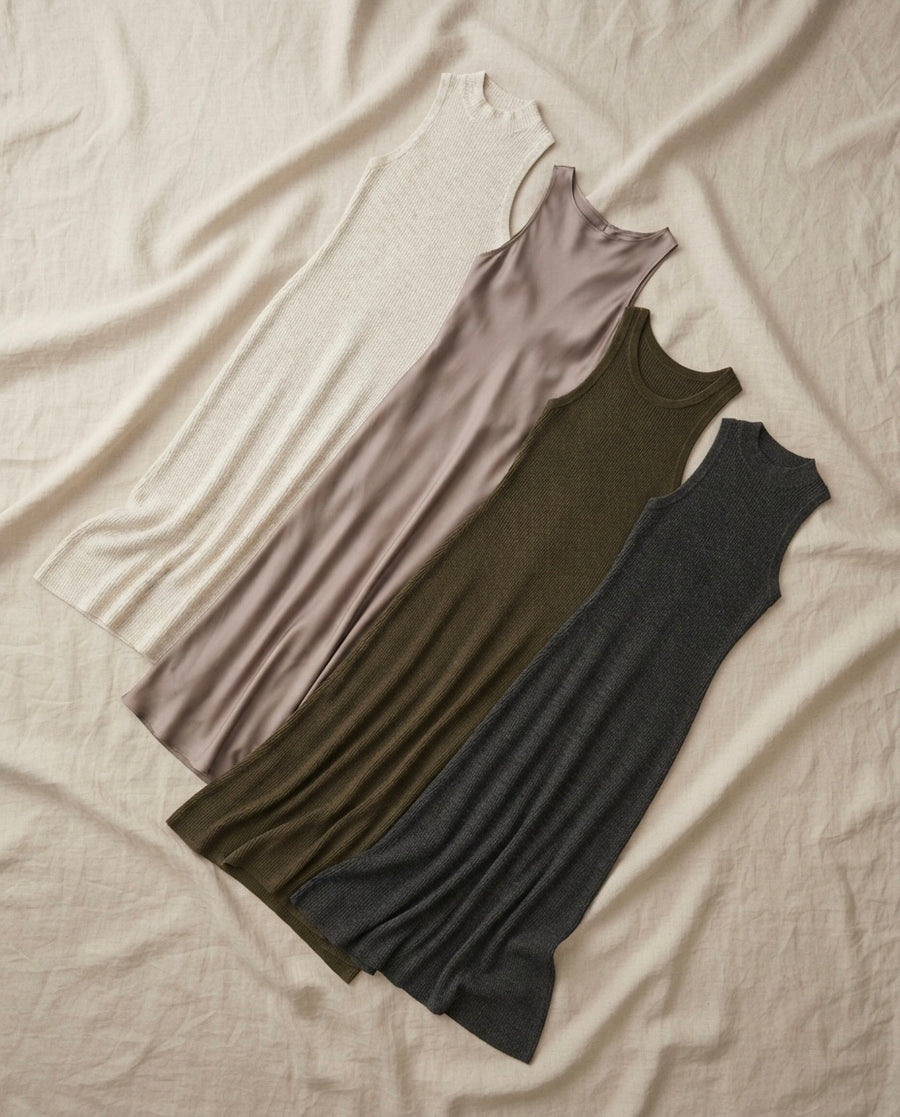 Three sleeveless ribbed knit tank dresses in beige, dusty pink, olive green, and charcoal gray, arranged diagonally on a textured cream fabric background.