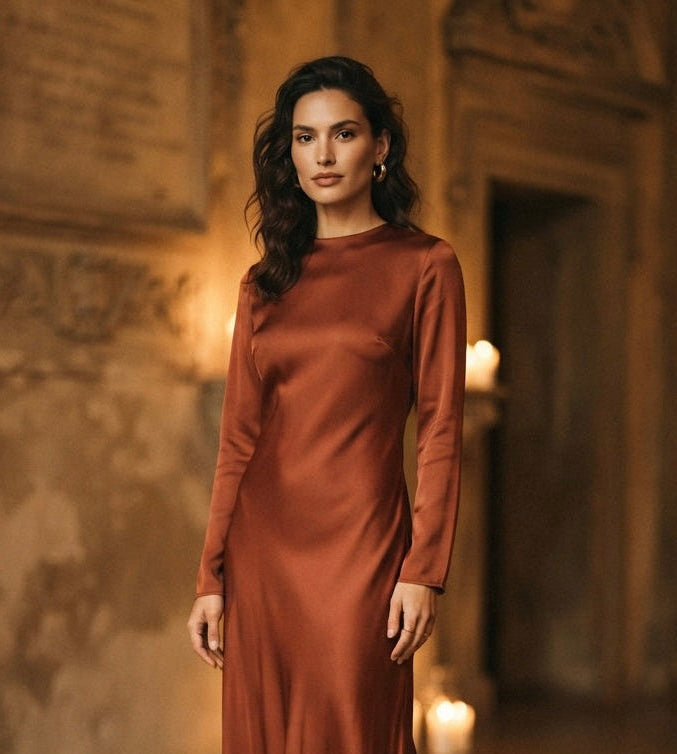 A woman wearing a floor-length rust-brown satin gown with long sleeves and a high neckline, standing in a dimly lit historic interior with candles.