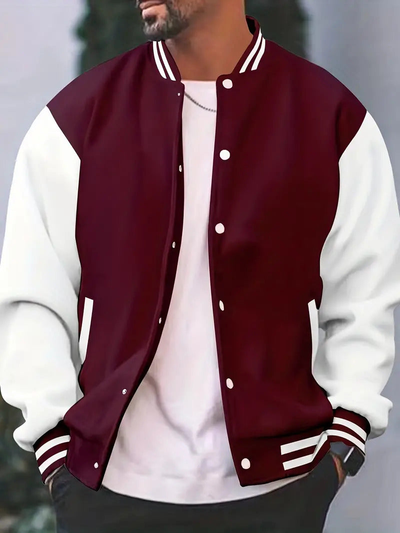 Orsenvi Timothy men's black retro varsity jacket with two-tone contrast detailing and letterman silhouette