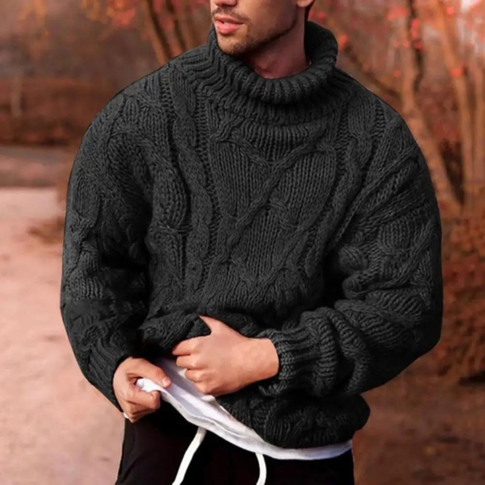 Men's chunky knit turtleneck winter sweater in classic cozy style with rugged textured stitching