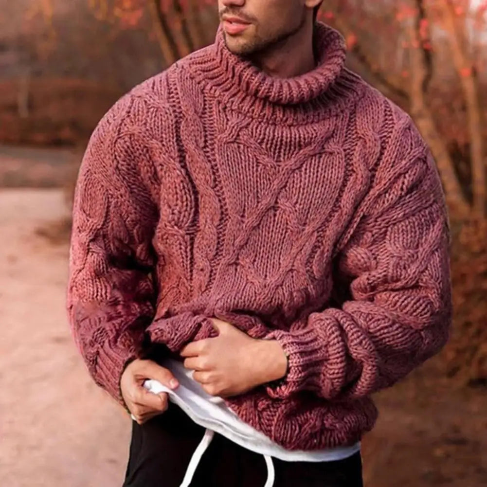 Men's chunky knit turtleneck winter sweater in classic style with rugged ribbed texture