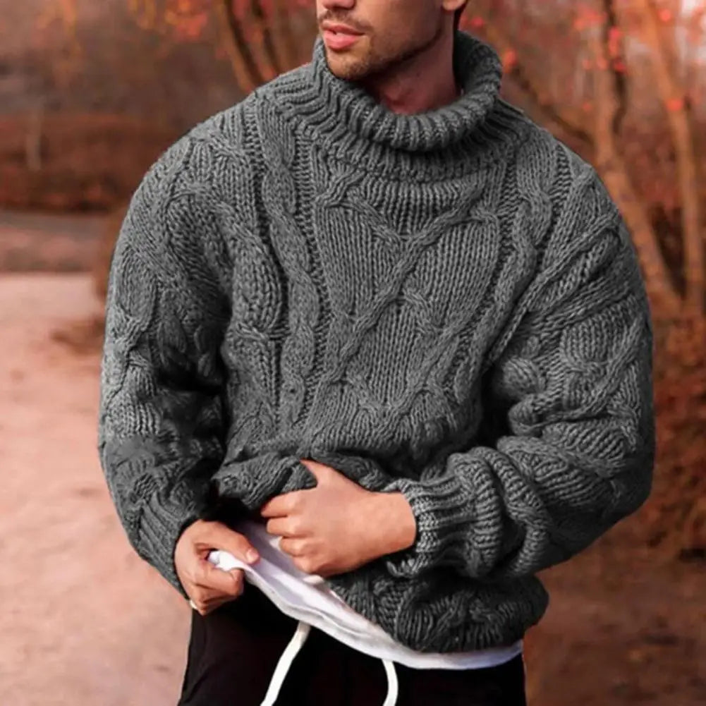 Men's chunky knit turtleneck winter sweater cozy ribbed texture rugged refined casual style