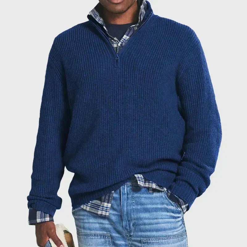Men's ribbed knit half-zip sweater by Orsenvi in versatile smart-casual style with vertical texture